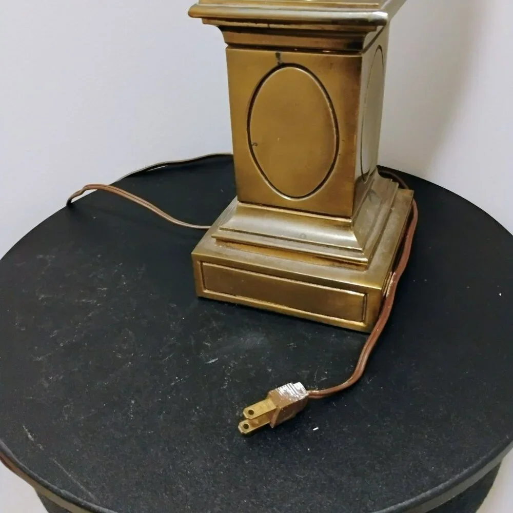Antique Cream Satin Glass Table Lamp, Hand Painted Gold Wheat, Brass Base, 28